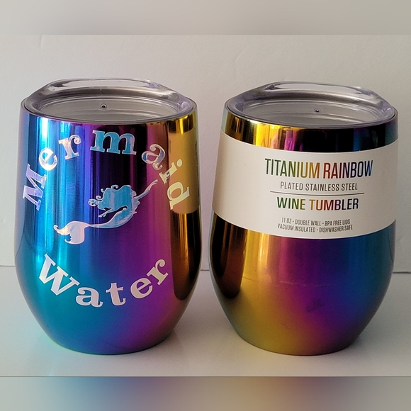 New (2) Titanium RAINBOW Stainless Steel Wine Tumblers-11oz (1) MERMAID WATER. E - Picture 1 of 11